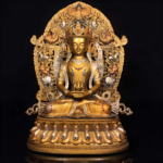 Gilt Polychrome Copper Statue of Amitayus with Mandorla