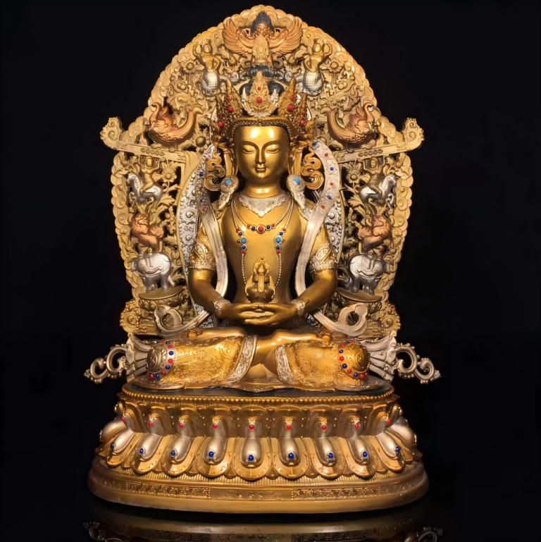 Gilt Polychrome Copper Statue of Amitayus with Mandorla