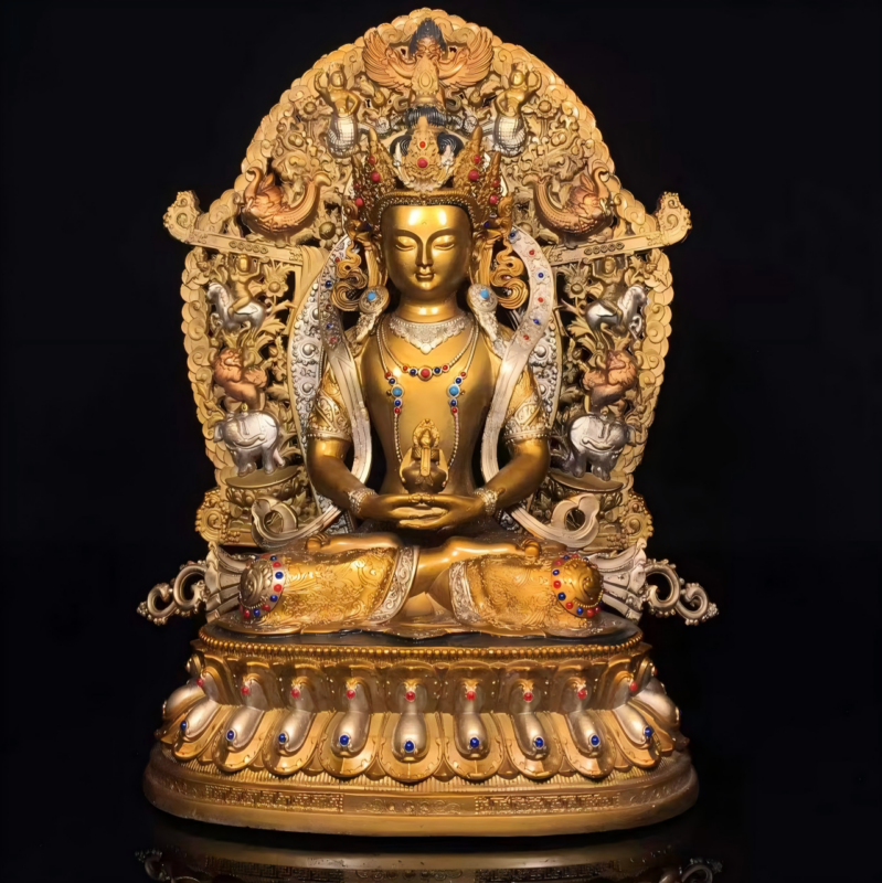 Gilt Polychrome Copper Statue of Amitayus with Mandorla