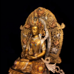 Handcrafted Gilt Copper Amitayus Buddha Statue with Mandorla