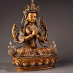 Vintage Gilt Copper Four-Armed Avalokitesvara with Silver and Polychrome Accents (Tibetan Tantric Style)
