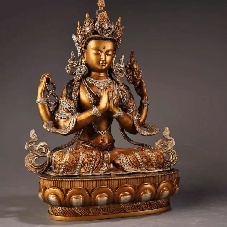 Tibetan Four-Armed Avalokitesvara Statue - Gilt Copper with Silver & Color Detailing