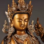 Vintage Gilt Copper Four-Armed Avalokitesvara with Silver and Polychrome Accents (Tibetan Tantric Style) - Image 2