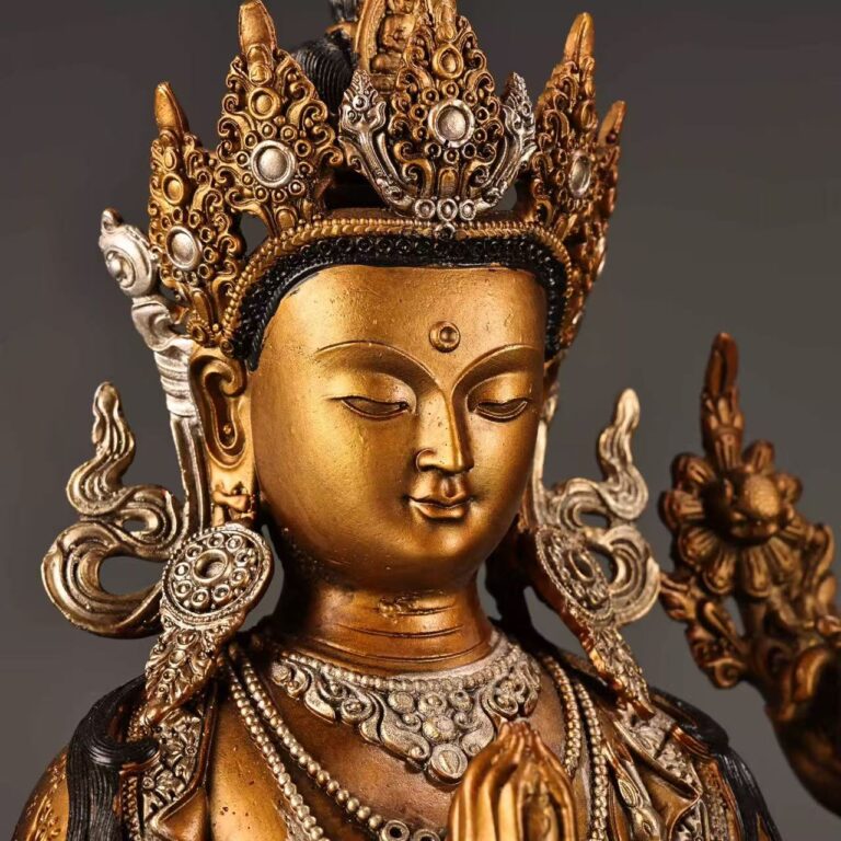 Tibetan Four-Armed Avalokitesvara Statue - Gilt Copper with Silver & Color Detailing