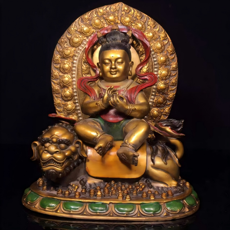 Han-Style Manjushri, Five-Topknot Crown, Riding Blue Lion, Holding Wisdom Sword, Home Worship for Academic Success