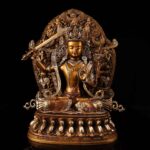 Large-Size Aged Copper Gold-Gilt Manjushri Bodhisattva Statue with Gold & Silver Traced Details