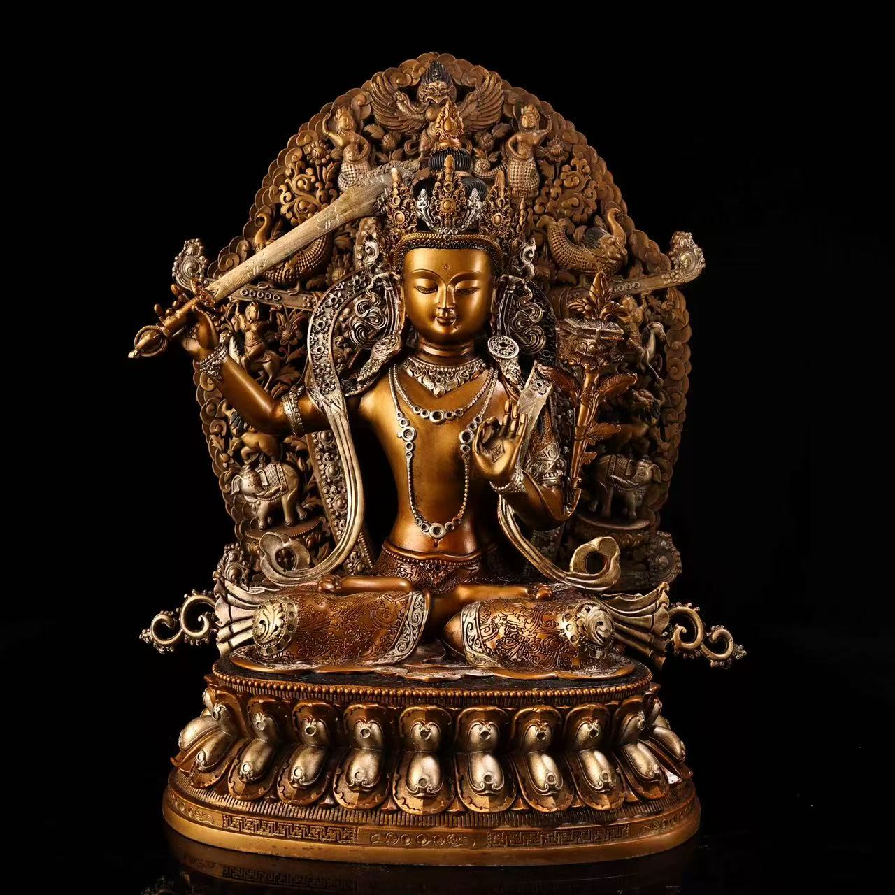 ManjushriFC01 Large-Size Aged Copper Gold-Gilt Manjushri Bodhisattva Statue with Gold & Silver Traced Details - Image 1