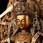 Large-Size Aged Copper Gold-Gilt Manjushri Bodhisattva Statue with Gold & Silver Traced Details - Image 2