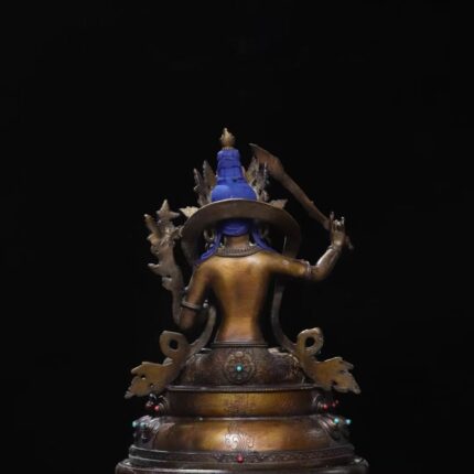 Gilt Antique Copper Manjushri Statue with Polychrome Details