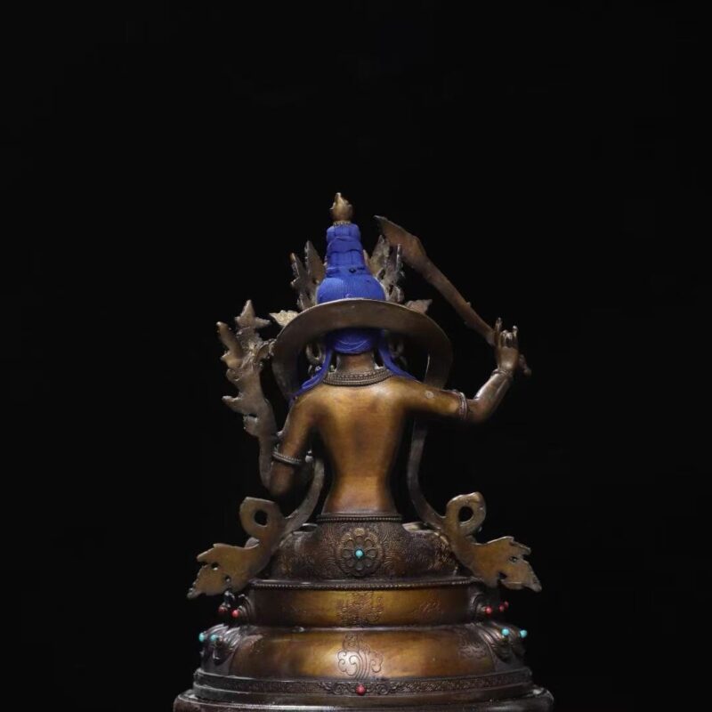 Gilt Antique Copper Manjushri Statue with Polychrome Details