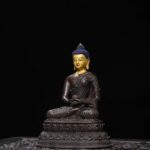 Aged Copper Shakyamuni Buddha Statue with Gilded Face & Gemstone Inlays (Tibetan Style)