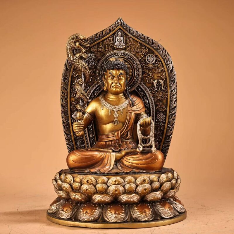 Gilded Silver Flaming Nimbus Lotus Base Acala Statue, Premier of Eight Tang Esoteric Wisdom Kings Worship Sculpture