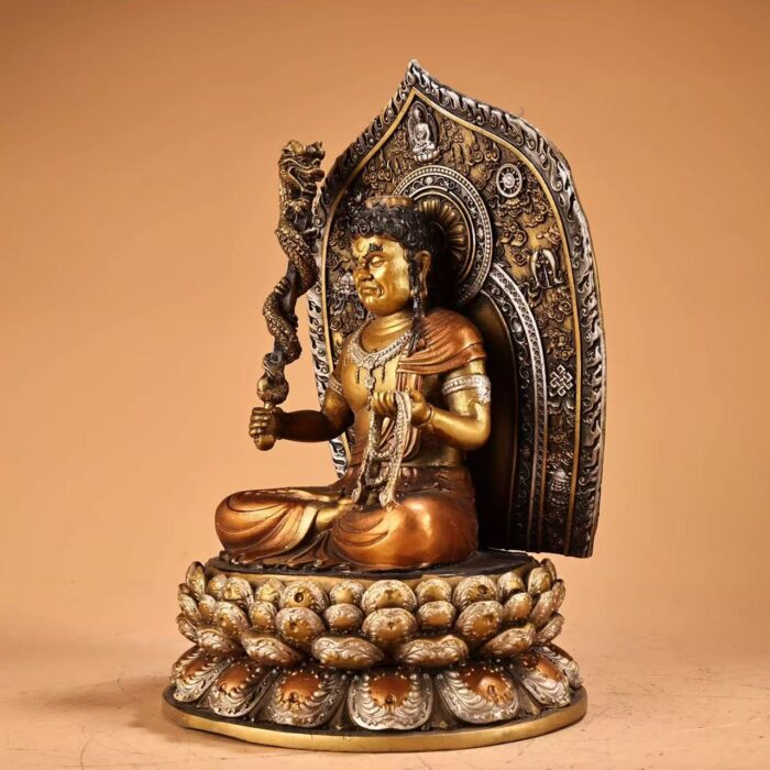 Fully carved flame nimbus double lotus Acala Sino-Japanese syncretic bronze statue