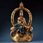 Pure Copper Free-Seated Kuan Yin Ornament; Hand-Painted Water Ripple Base Ruyi Guanyin