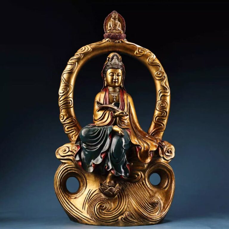 Pure Copper Free-Seated Kuan Yin Ornament; Hand-Painted Water Ripple Base Ruyi Guanyin