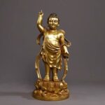 Gilded bronze standing Seven-Step Birth Buddha statue with heaven-earth mudra