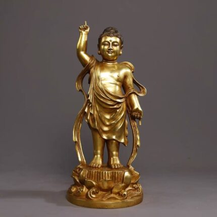 Gilded bronze standing Seven-Step Birth Buddha statue with heaven-earth mudra