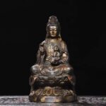 Antiqued Patinated Partial Residual Gilt Bronze Child-Bestowing Kwan‑yin Seated on Single-Layer Lotus Pedestal Statue