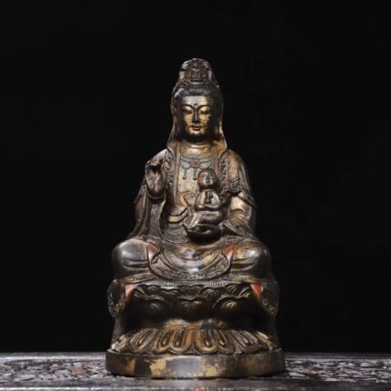 Antiqued Patinated Partial Residual Gilt Bronze Child-Bestowing Kwan‑yin Seated on Single-Layer Lotus Pedestal Statue