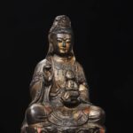 Aged Patinated Partial Residual Gilt Bronze Child-Bestowing Kwan‑yin Statue on Single Layer Lotus Pedestal, Antique Finish Fertility Avalokiteśvara