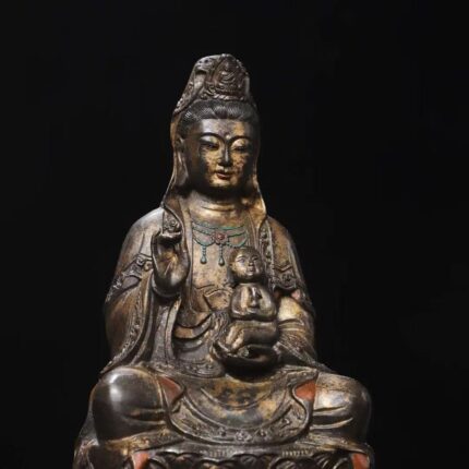 Partial Residual Gilt Bronze Child-Bestowing Kwan‑yin Statue on Single Layer Lotus Pedestal