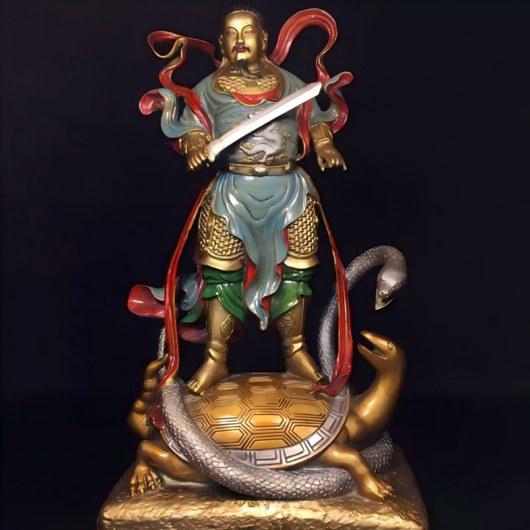 Polychrome bronze Xuantian Shangdi standing on turtle & snake, inscribed Yongle mark on bronze base