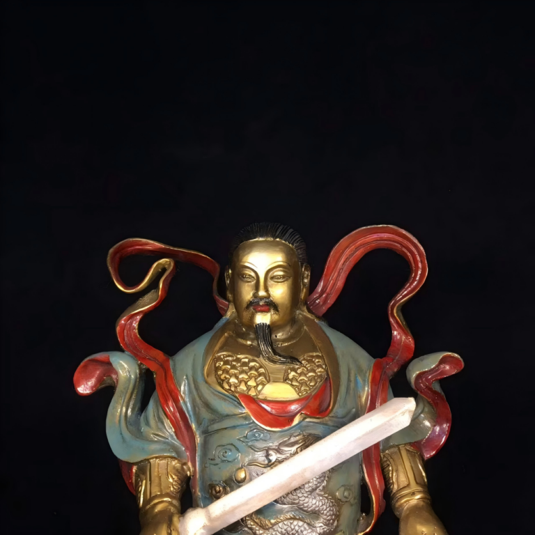 Front & rear full view polychrome bronze Zhenwu statue, fine carving on robe, armor, turtle and snake textures