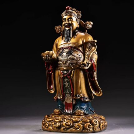 Chinese fortune deity figurine with ingot and Ruyi scepter