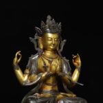 Large Cast Bronze Four-Armed Avalokitesvara Bodhisattva, Aged Patina with Partial Gild Finish, Cross-Legged Seated on Double-Carved Lotus Pedestal - Image 2