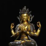 Large Cast Bronze Four-Armed Avalokitesvara Bodhisattva, Aged Patina with Partial Gild Finish, Cross-Legged Seated on Double-Carved Lotus Pedestal - Image 3