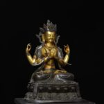 Large Cast Bronze Four-Armed Avalokitesvara Bodhisattva, Aged Patina with Partial Gild Finish, Cross-Legged Seated on Double-Carved Lotus Pedestal - Image 4