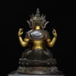 Large Cast Bronze Four-Armed Avalokitesvara Bodhisattva, Aged Patina with Partial Gild Finish, Cross-Legged Seated on Double-Carved Lotus Pedestal - Image 5