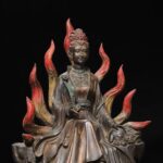 Large-Scale Antique Polychrome Bronze Seated Statue of Nine-Tailed Fox Immortal Goddess - Image 2