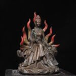 Large-Scale Antique Polychrome Bronze Seated Statue of Nine-Tailed Fox Immortal Goddess