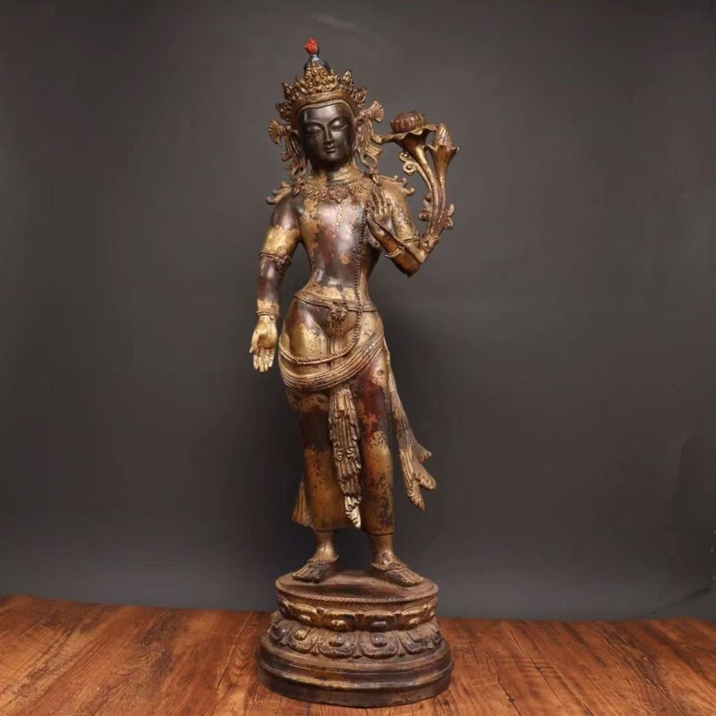 Newar Style Standing Maitreya (Jampa) Sculpture with Abhaya Mudra & Holding Lotus