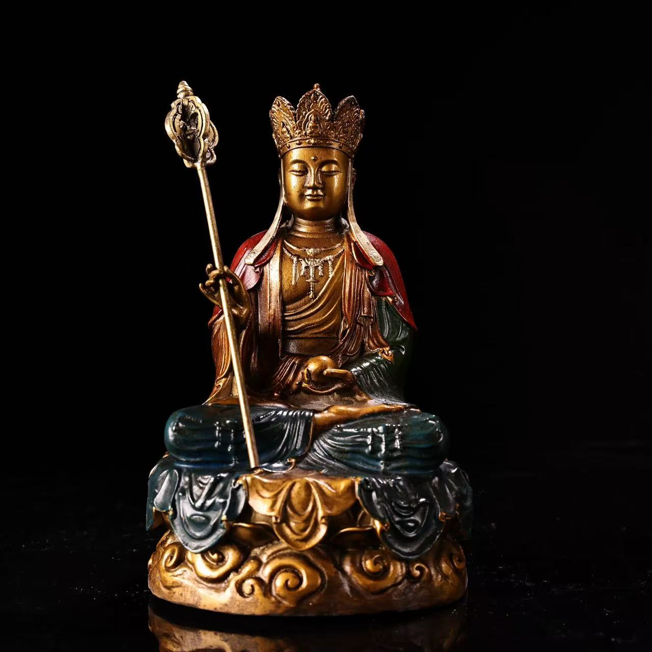 Ksitigarbharaja1 Ancient Craft Painted Gilded Bronze Seated Ksitigarbha (Ksitigarbharaja) Bodhisattva Statue - Image 1