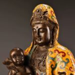 Avalokiteśvara Bodhisattva, Child-Giving Kwan-yin with Cloisonné Enamel Decoration, Seated on Double-Tiered Lotus Pedestal - Image 2