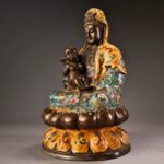 Avalokiteśvara Bodhisattva, Child-Giving Kwan-yin with Cloisonné Enamel Decoration, Seated on Double-Tiered Lotus Pedestal - Image 4