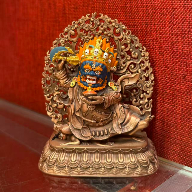 Small size Mahakala bronze statue with right hand holding a Kartika
