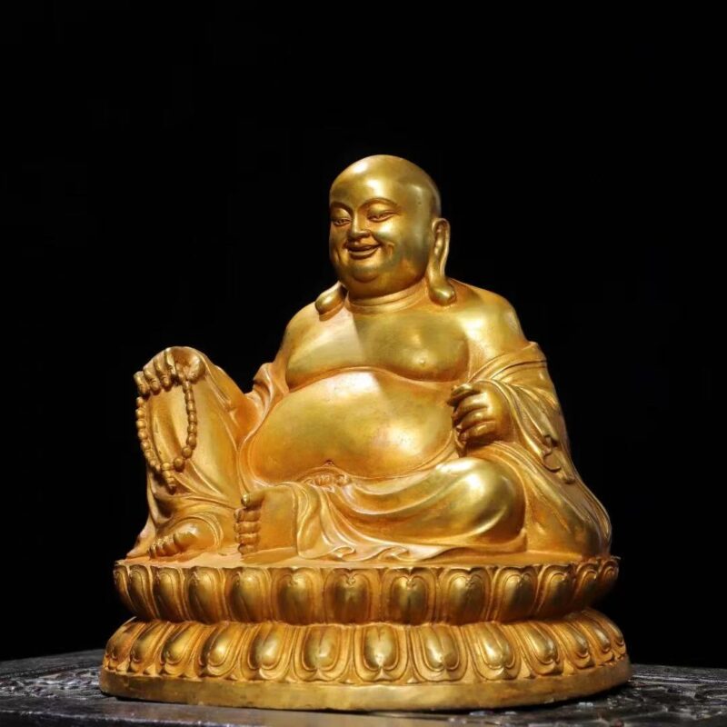 Exquisitely carved & fully gilded Budai Maitreya Statue with a relaxed smile