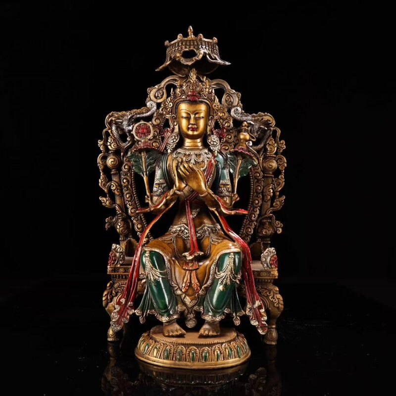 Tibetan Jampa (Maitreya) Statue, Premium Polychrome Religious Sculpture of Future Buddha among Three Ages Buddhas