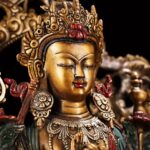 polychrome, silver tracing and gilding, modelled after 18th Century Central Tibetan Maitreya statue