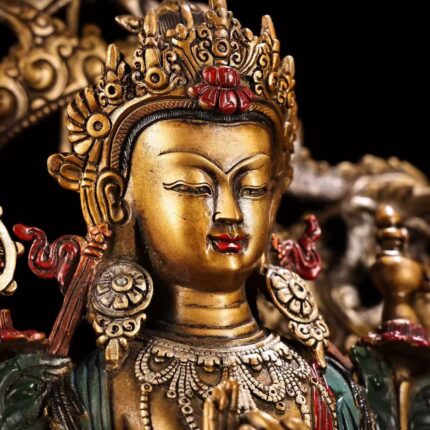 polychrome, silver tracing and gilding, modelled after 18th Century Central Tibetan Maitreya statue