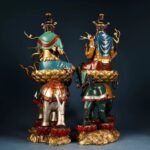 Bodhisattvas in Half-Lotus Posture, Green Lion & White Elephant Mounts, Natural Mineral Polychrome