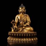 Gilded bronze seated Medicine Buddha, Sino-Tibetan style, holding myrobalan sprig and nectar bowl on lotus base