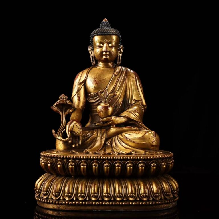 Gilded bronze seated Medicine Buddha, Sino-Tibetan style, holding myrobalan sprig and nectar bowl on lotus base