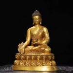 Seated Tibetan Medicine Buddha on Lotus Throne, Fully Gilded Statue for Health & Peace Blessing