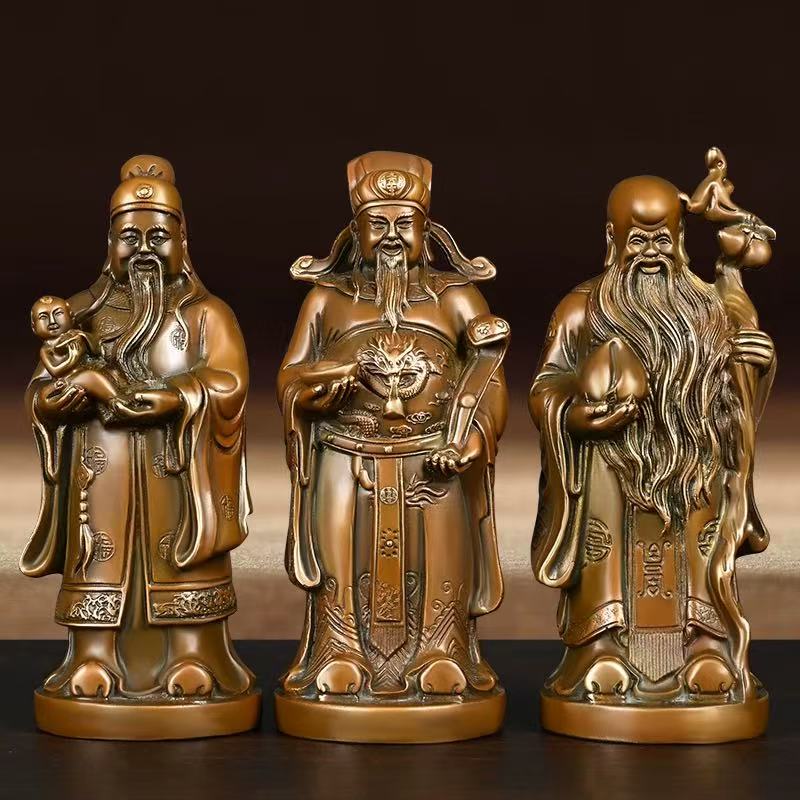 Three antique bronze statues of Fu Lu Shou standing together, representing fortune, prosperity, and longevity in Chinese culture