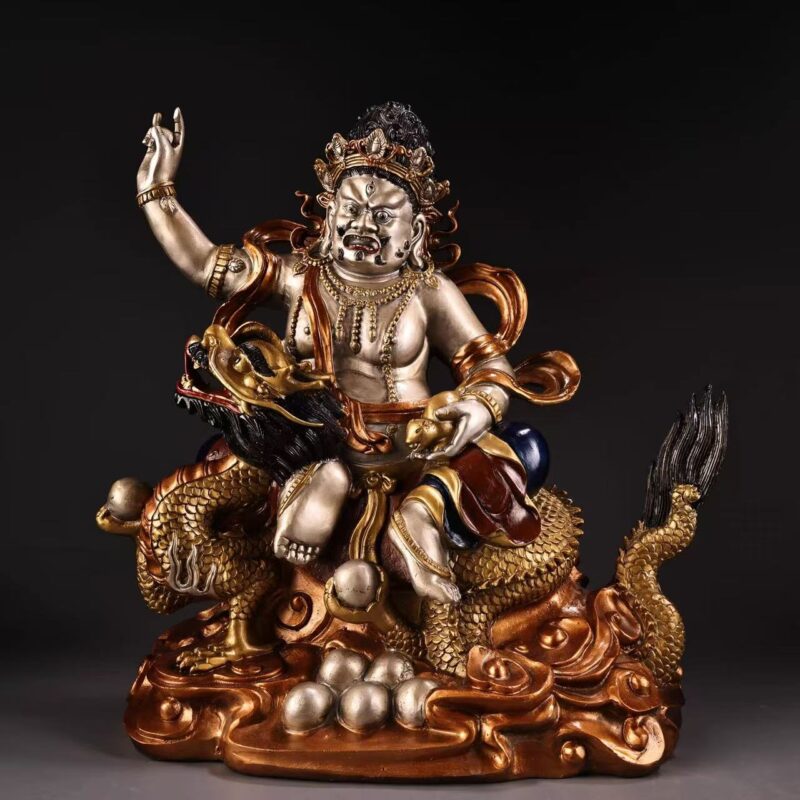 Solid Painted Gold & Silver Traced Bronze Statue of Dragon Riding White Jambhala