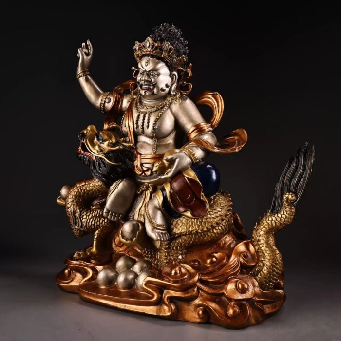 High-end collectible White Jambhala riding dragon statue debt resolution wealth boost esoteric deity bronze sculpture